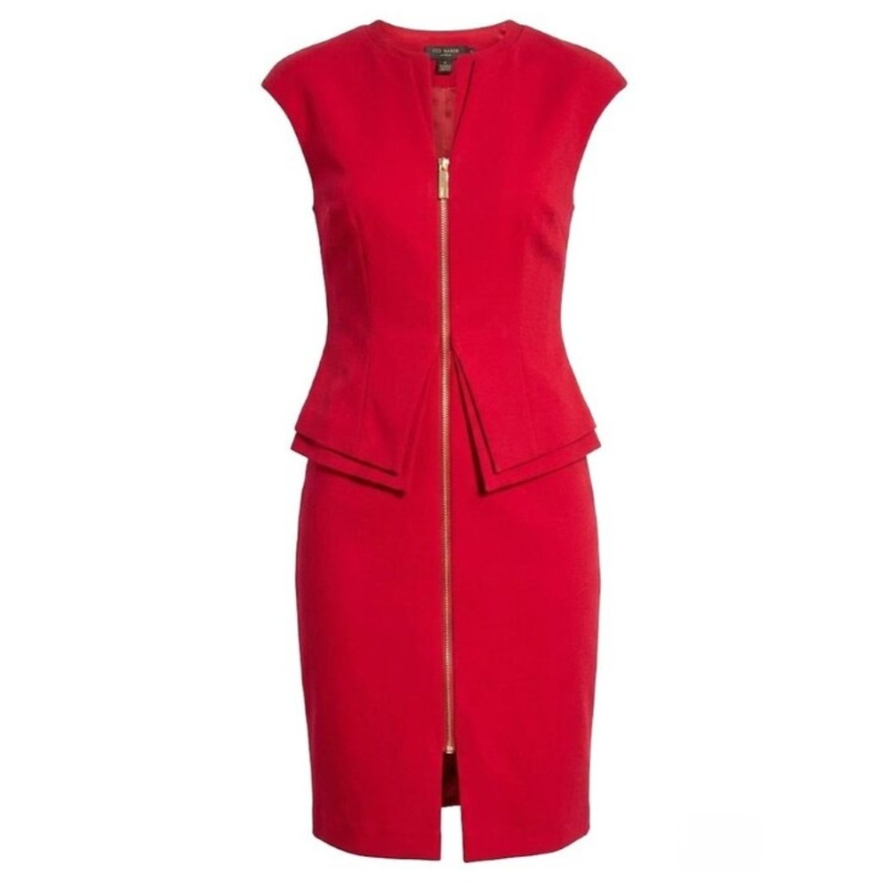 Ted Baker Kwyli Red Peplum Sheath Dress Gold Zip Front Cap Sleeve Size XS - Picture 3 of 8